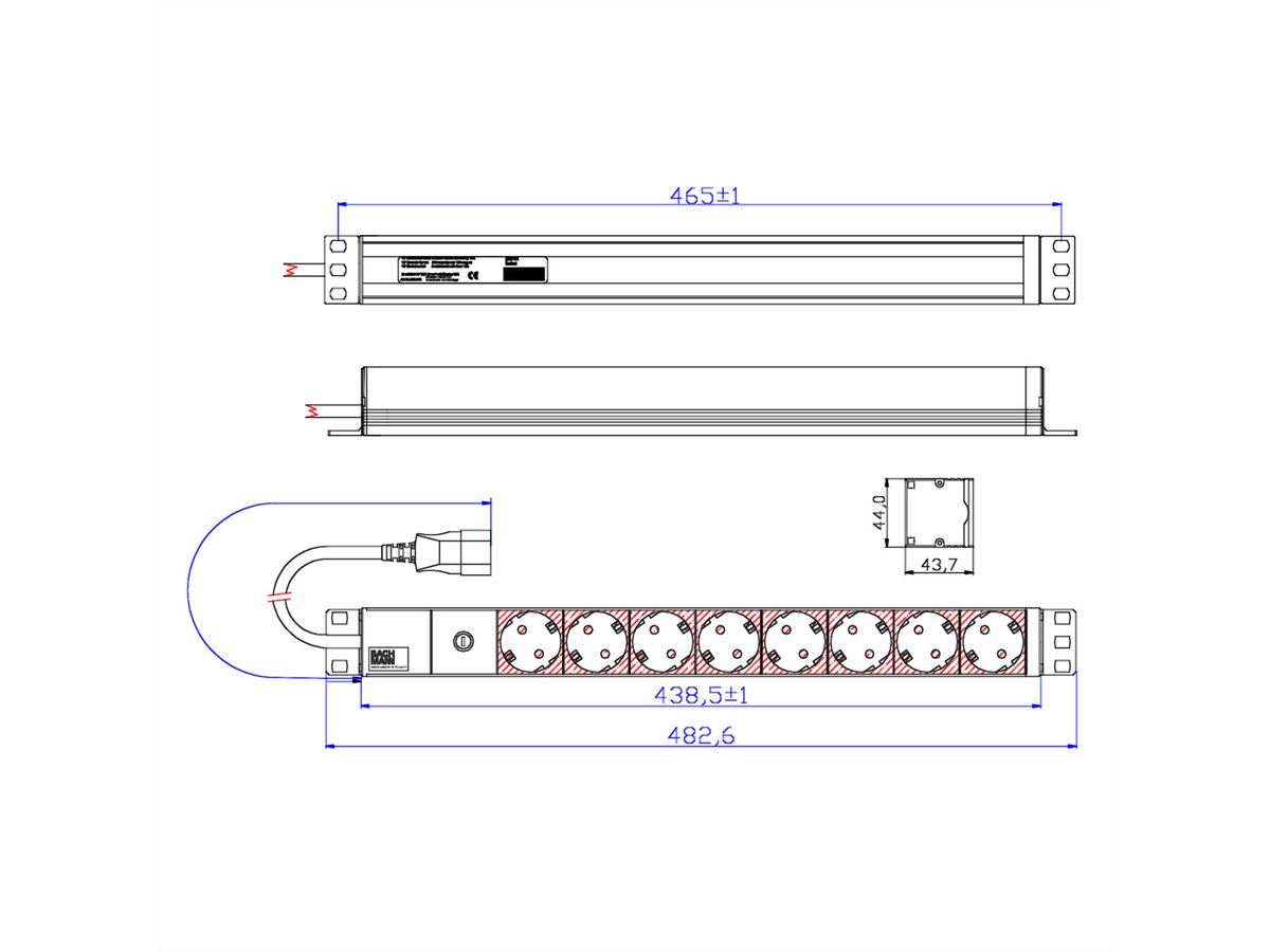 BACHMANN 19" socket strip 8-way 2300W, IEC320 C14 plug, black