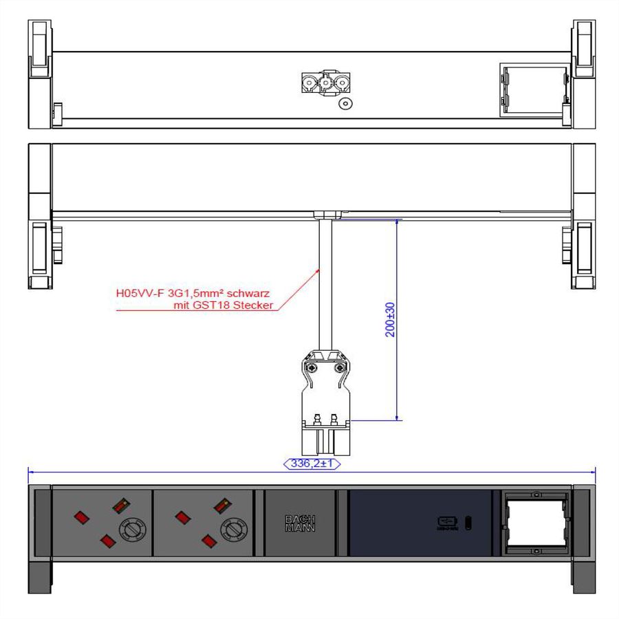BACHMANN DESK2 2xUK 1xUSB C 60W 1xCM, 0,2m GST18 RAL9010, Verenigd Koninkrijk