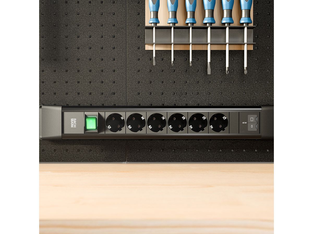 BACHMANN CONNECTUS 6xCEE7/3 1xSwitch, 1xUSB C/C 45W L=2.0m CEE7/7 black