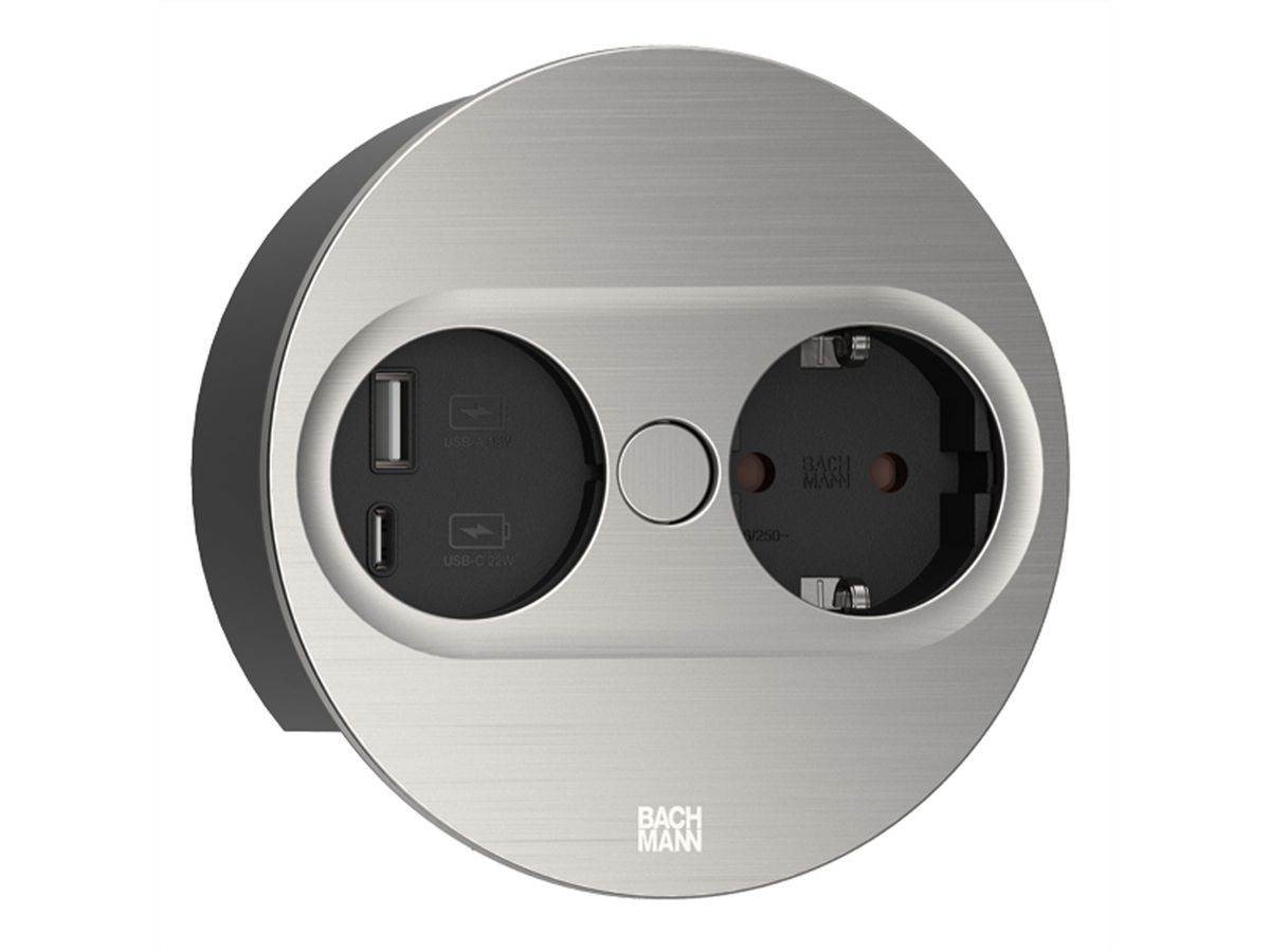 BACHMANN TWIST 2 1xCEE7/3 1xUSB A/C 22W 2.0m AEH stainless steel look round
