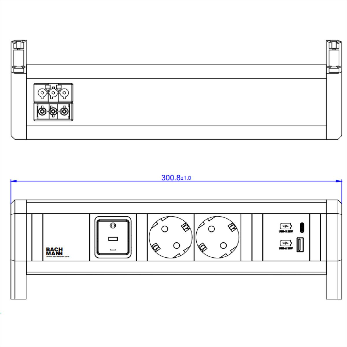 BACHMANN DESK 2xCEE7/3 1xSwitch 1xUSB A/C 22W GST18 RAL9010