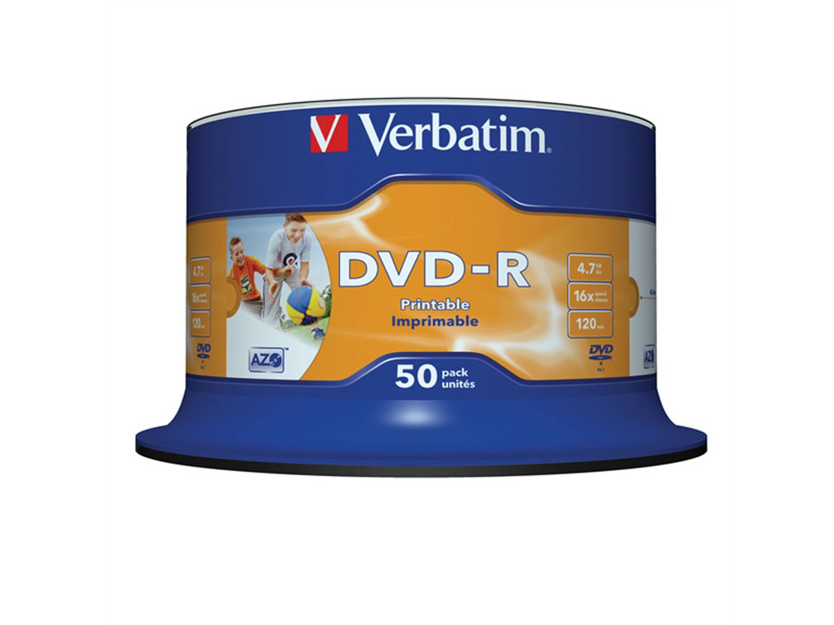 VERBATIM DVD-R, 4,7GB, 50 stuks, printable, Spindel, 16x