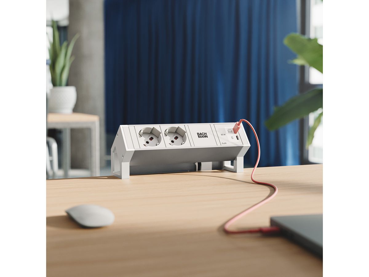 BACHMANN DESK2 ALU WHITE 2xP40, 1x USB-C 65W, L=0.2m, RAL9010