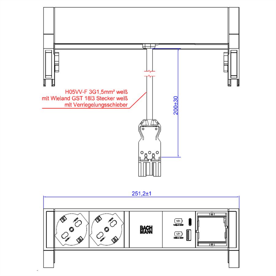 BACHMANN DESK2 wit 2xP40 1xschakelaar 1xUSB A/C 22W 1xCM 0,2m GST18