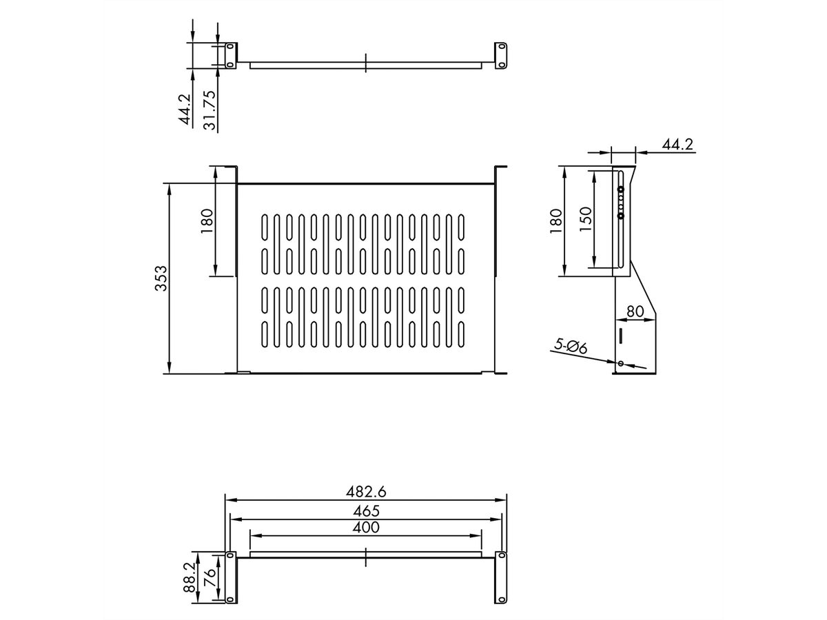 VALUE 19"-Fixed Shelf, 485 x 350mm, 2U, max. 25kg, black