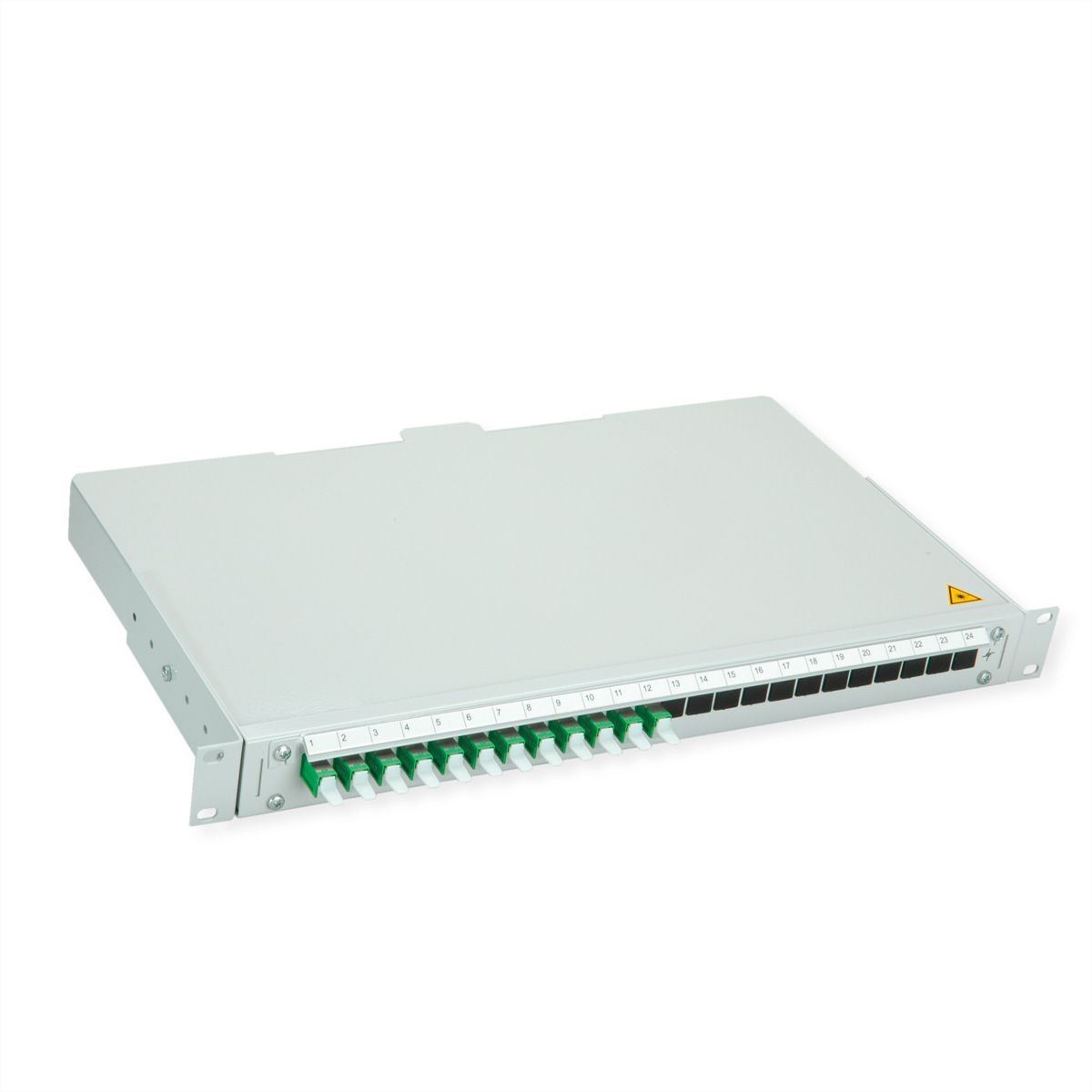TELEGÄRTNER BASIS V LWL-Panel mit Kupplungen & Pigtails, 12x E2000, OS2 APC grün
