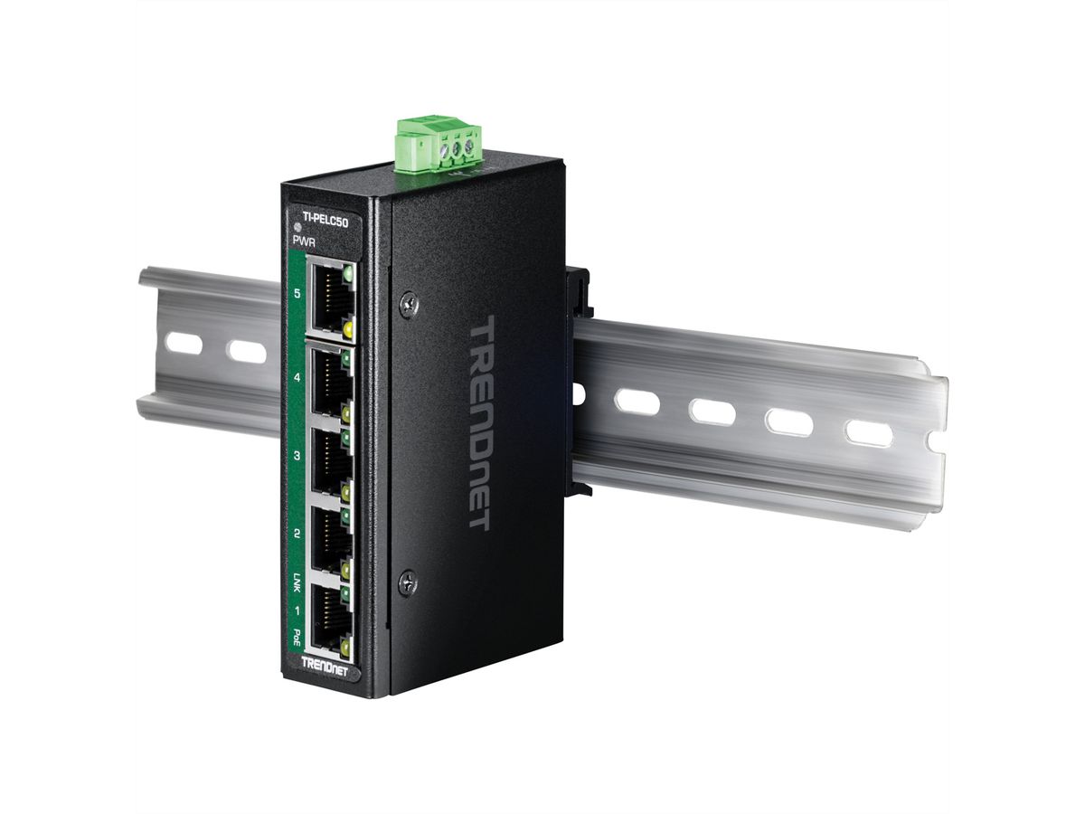 TRENDnet TI-PELC50 5-Port Ethernet PoE+ Industrial DIN-Rail Mini Switch