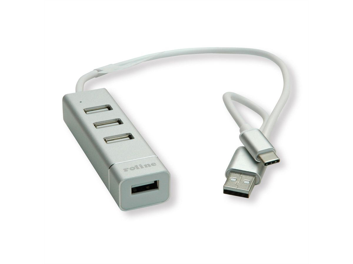 ROLINE USB 2.0 notebook hub, 4 poorten, type A+C aansluitkabel