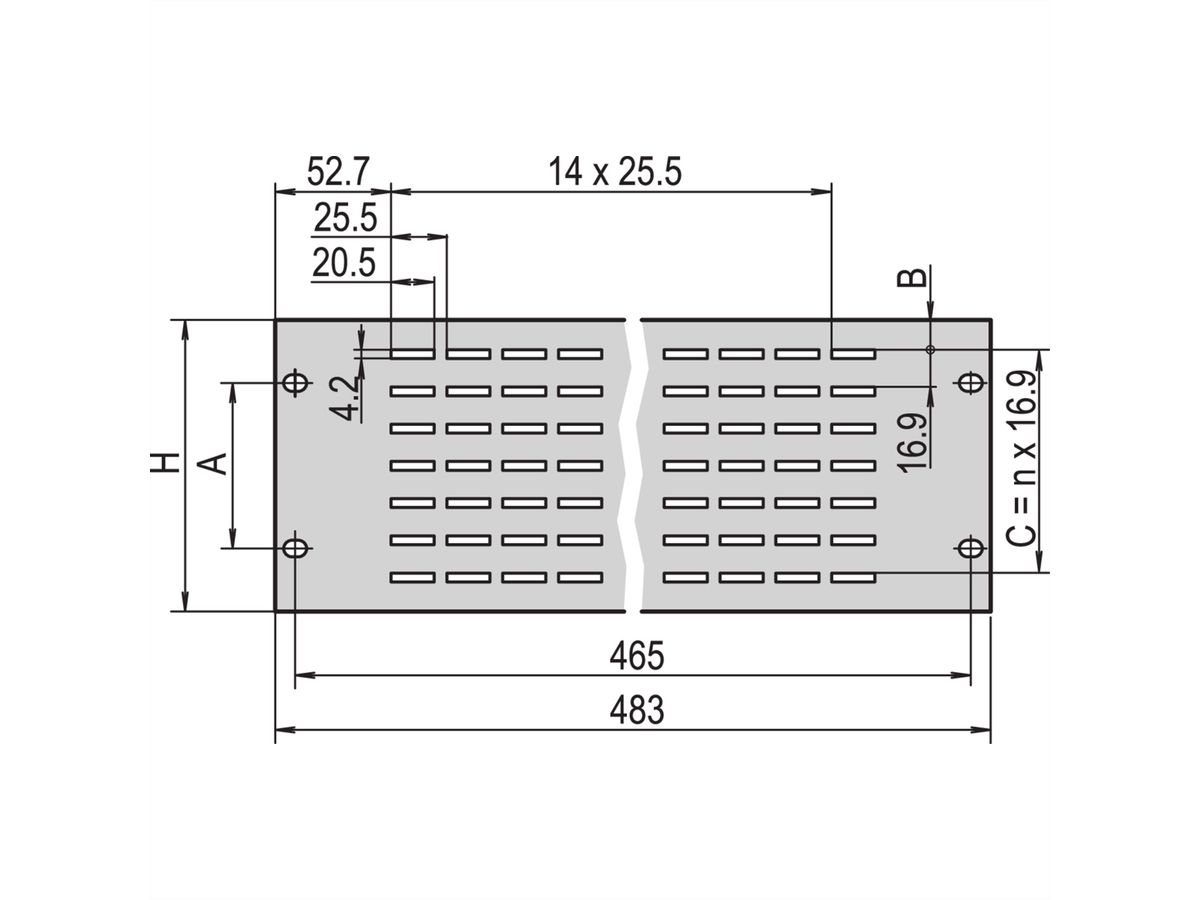 SCHROFF 19" frontpaneel, geventileerd, 1 HE, 2,5 mm, Al, RAL 7035