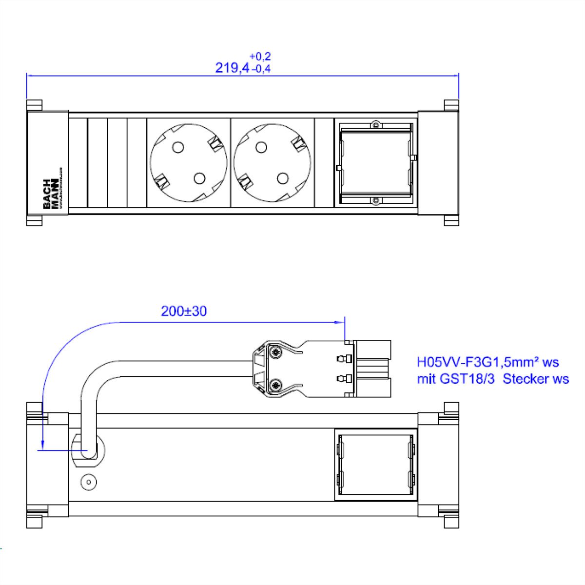 BACHMANN POWER FRAME 2xCEE7/3 1xCM 0.2m GST18 RAL9010