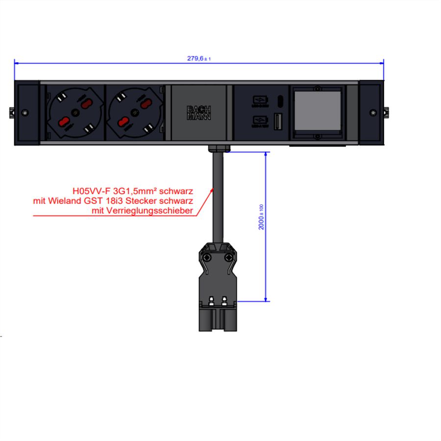 BACHMANN DESK RAIL 2xP40 1xUSB A&C 22W, 1xCM 2.0m GST18 Italia