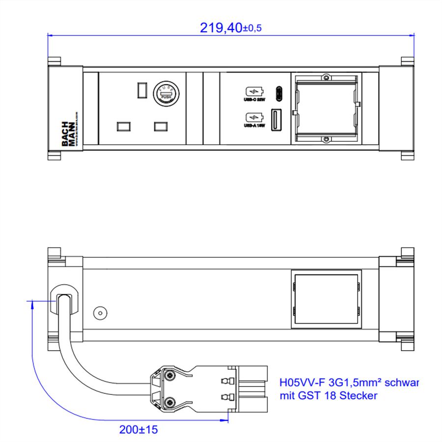 BACHMANN POWER FRAME S 1xUK 1xCM, 1xUSB A&C 22W 0.2m GST18 United Kingdom