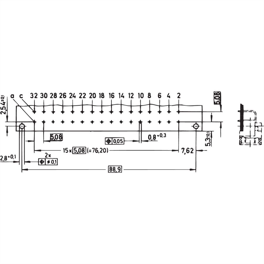 SCHROFF Stekker Type D, EN 60603, DIN 41612, Mannelijk, 32 Contacten, Soldeerogen, 3 mm