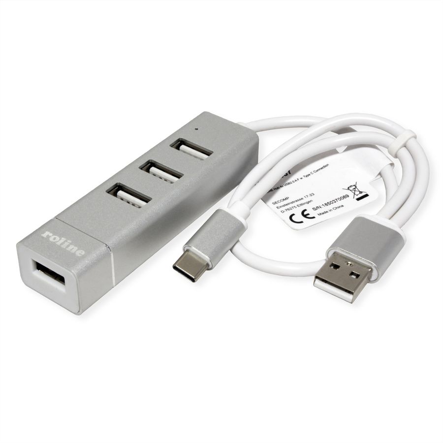 ROLINE USB 2.0 notebook hub, 4 poorten, type A+C aansluitkabel
