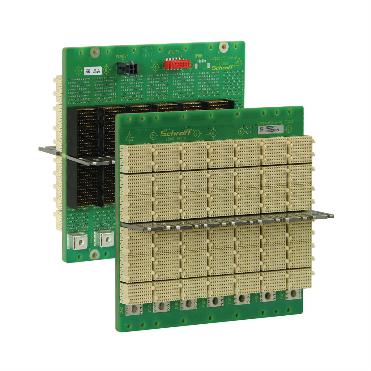 SCHROFF CPCI seriële backplane, 3 HE, 7 sleuven, systeemsleuf links, enkele ster, met RIO