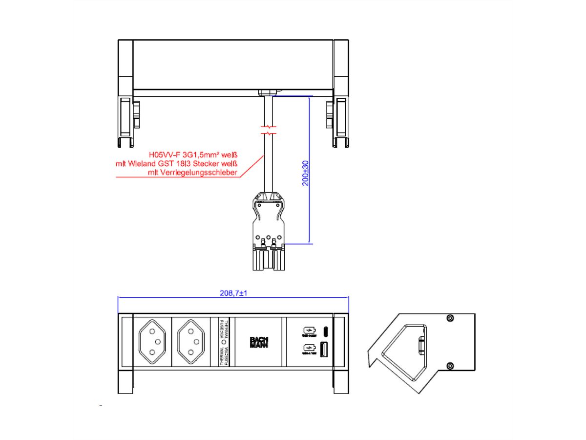 BACHMANN DESK2 2xCH T13 1xUSB A/C 22W 0,2m GST18 RAL9010