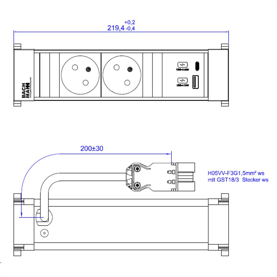 BACHMANN POWER FRAME 2xUTE 1xUSB A/C 22W 0.2m GST18