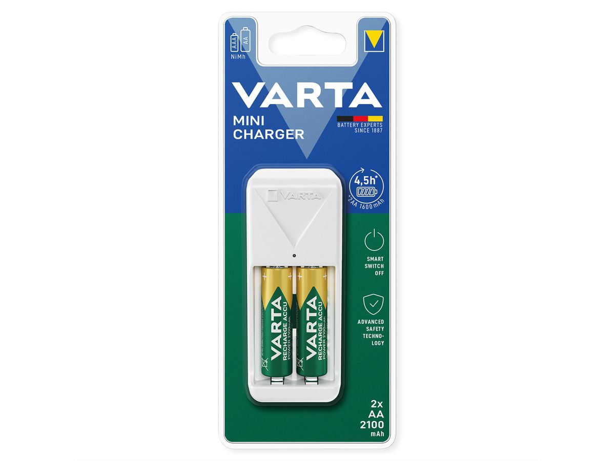 VARTA oplader + 2 oplaadbare batterijen NH-AA, 2100mAh, Mini-oplader inclusief oplaadbare batterijen, 2x AA, vooraf opgeladen, klaar voor onmiddellijk gebruik