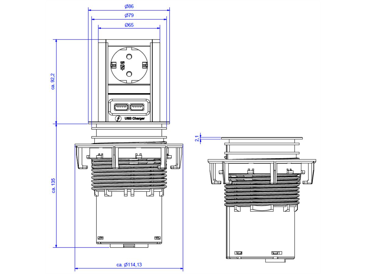 BACHMANN ELEVATOR 1xCEE7/3 1xUSB Charger 2.0m AEH RAL9005