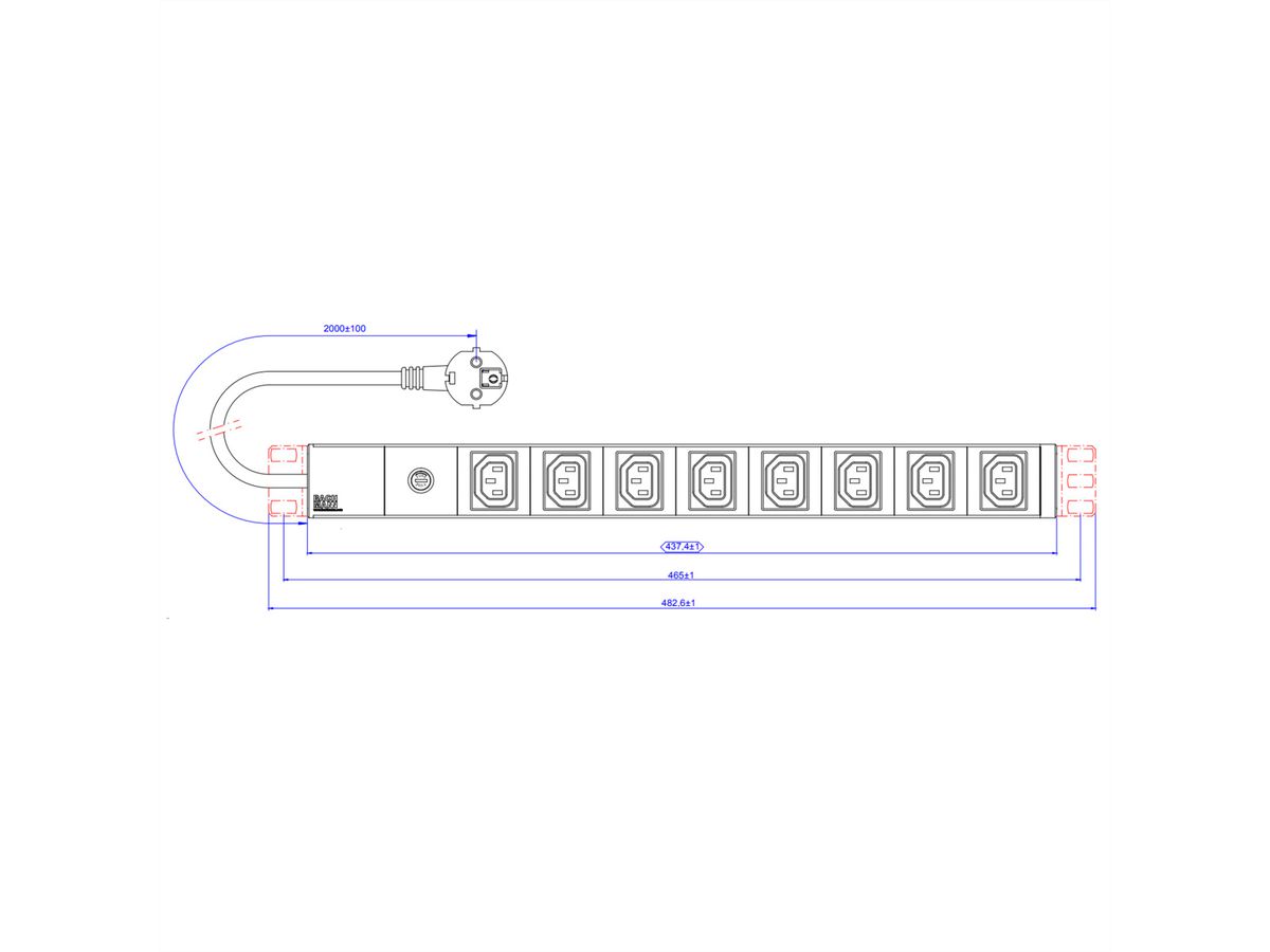 BACHMANN Stekkerdoos 19" 8x C13 connectoren, stroomkabel met geaarde stekker, zwart, 10A zekering