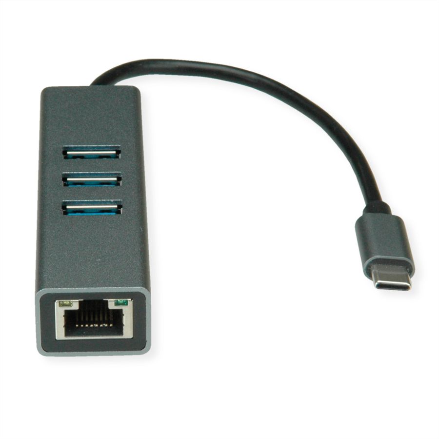 ROLINE USB Type C to Gigabit Ethernet Converter + Hub 3x