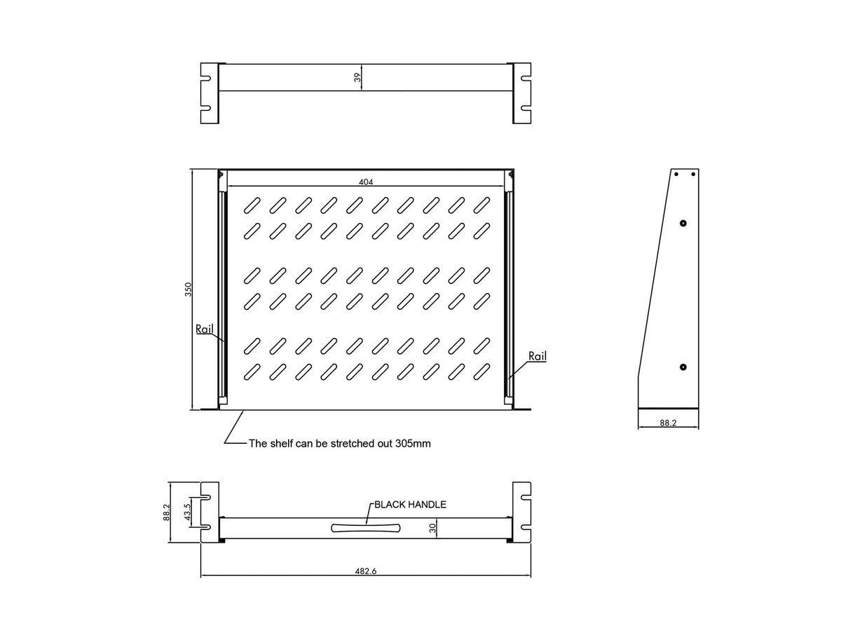 VALUE 19" 2U Extendable Sliding Shelf for Cabinets, 404 x 350 mm, max. load 30 kg