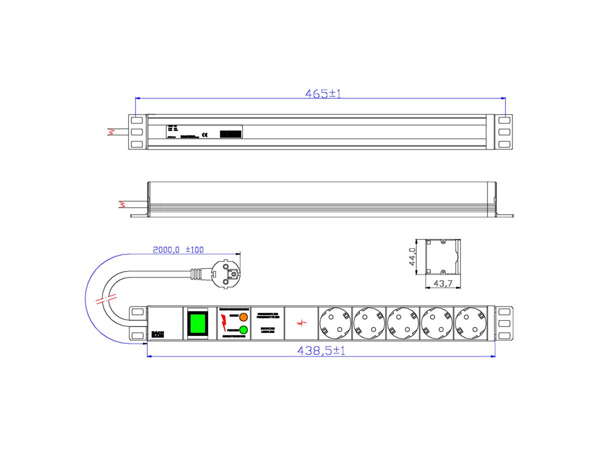 BACHMANN 19" socket strip 5-way with GVS with switch