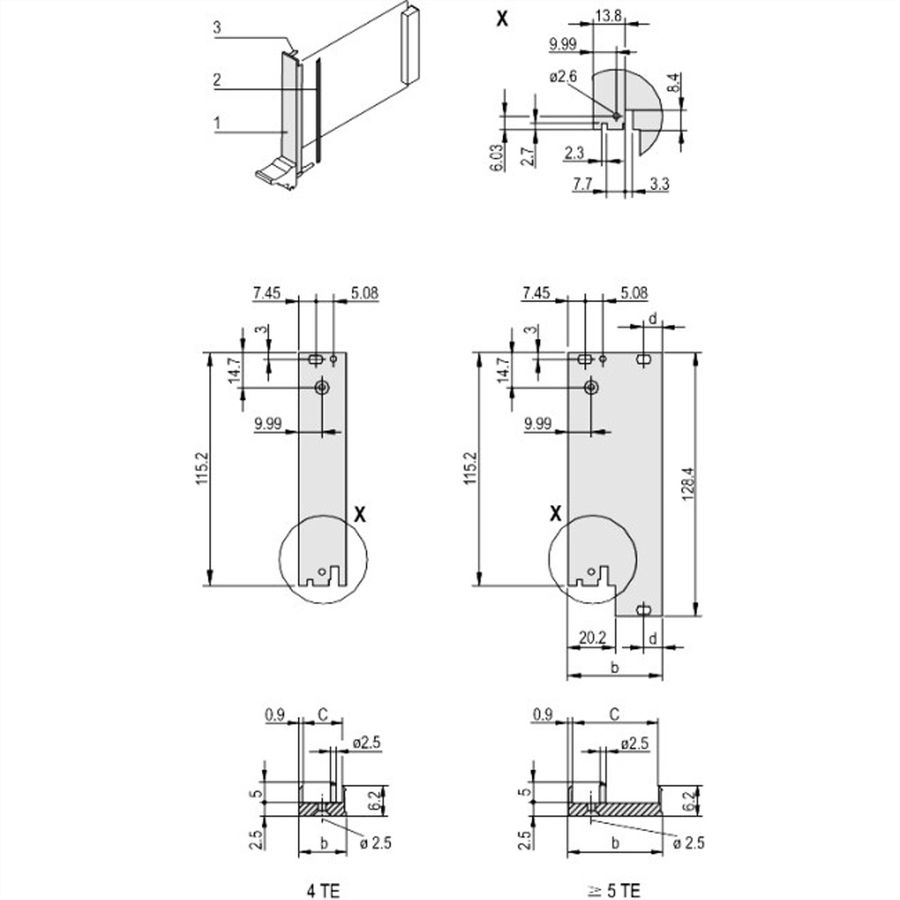 SCHROFF-insteekmodule U-profiel voor IEL, IET, type 2, 3 HE, 10 HE, 0,1" offset, 2,5 mm, Al, geanodiseerd vooraan, geleidend achteraan