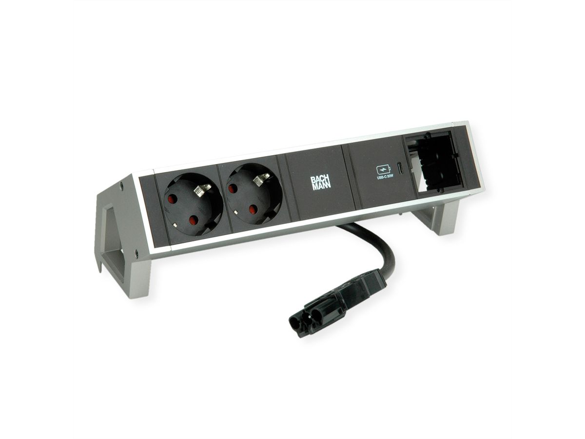 BACHMANN DESK2 2xbeschermend contact USB C, USB Lader 30W 1xABD 0,2m GST18 INOX