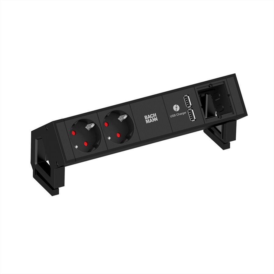 BACHMANN DESK2 2x earthing contact 1x USB charger 1x ABD, black