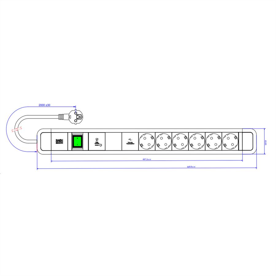 BACHMANN PRIMO 2 6xCEE7/3 1xGVS-Plus 1xswitch 2.0m CEE7/7