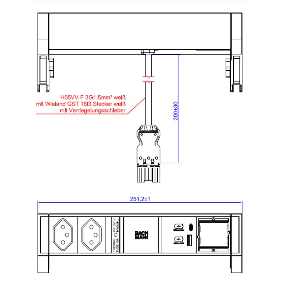 BACHMANN DESK2 wit 2xCH 1xUSB A/C 22W 1xCM 0,2m GST18 RAL9010
