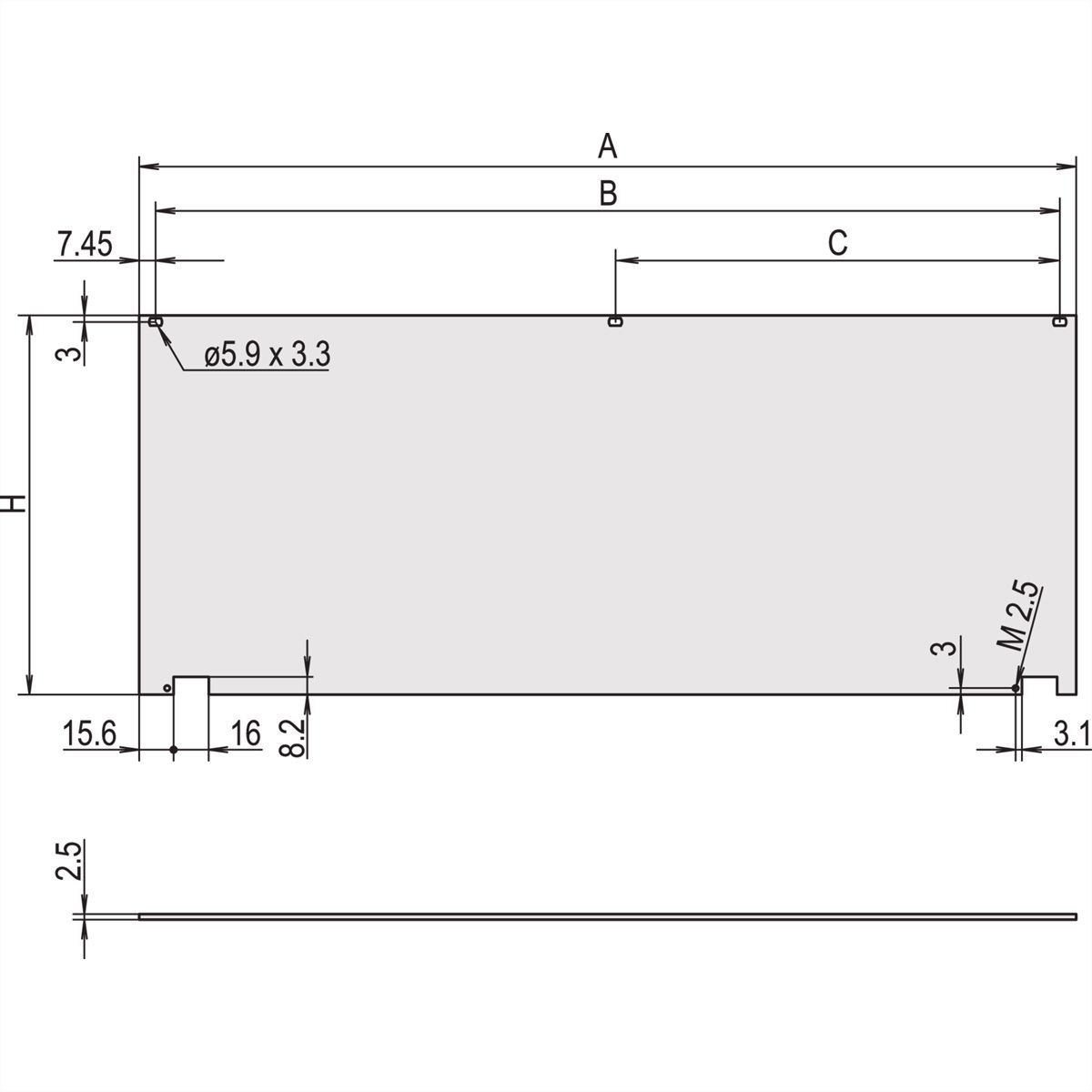 SCHROFF voorpanelen, niet afgeschermd, scharnierende bodem, 6 HE, 42 PK, 2,5 mm, Al, geanodiseerd