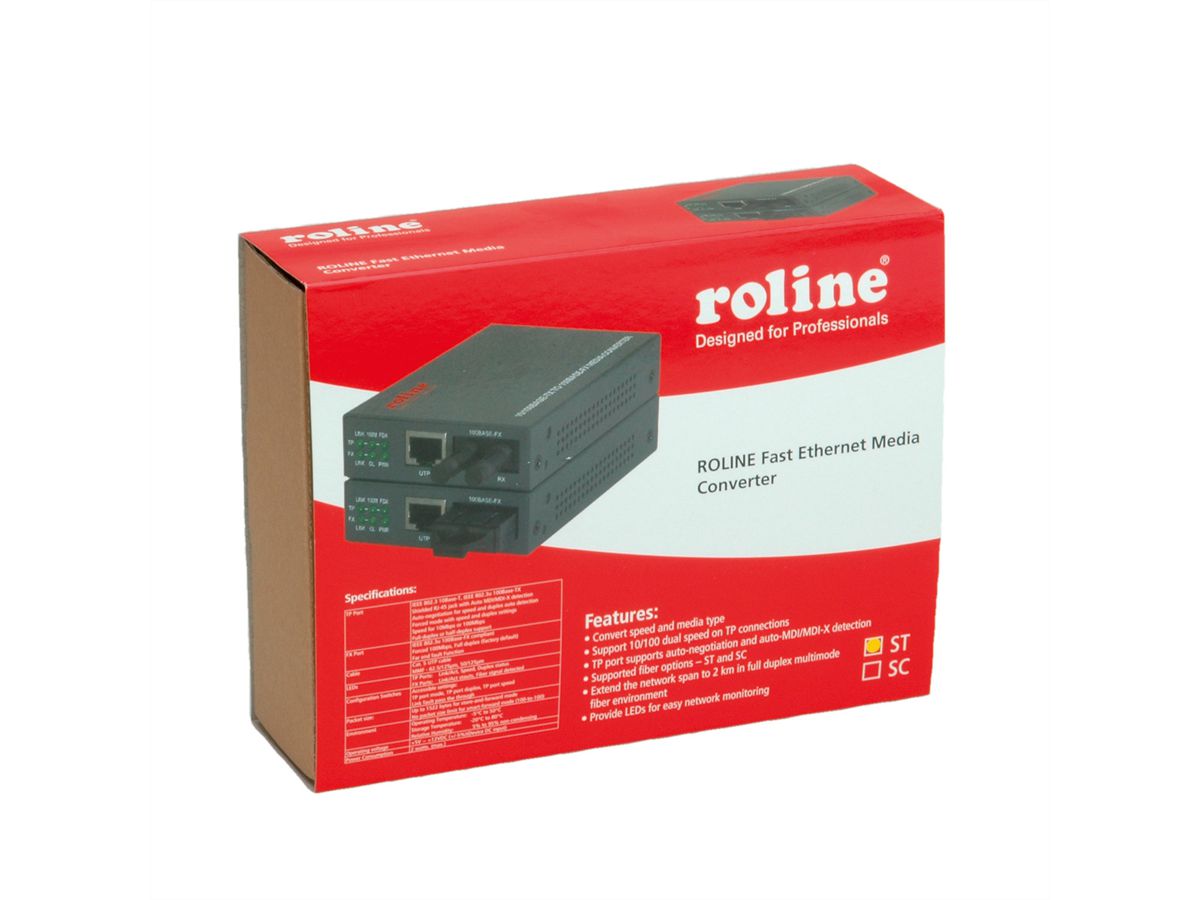 ROLINE RC-100FX/ST Fast Ethernet Converter, RJ-45 to ST, Loop-back