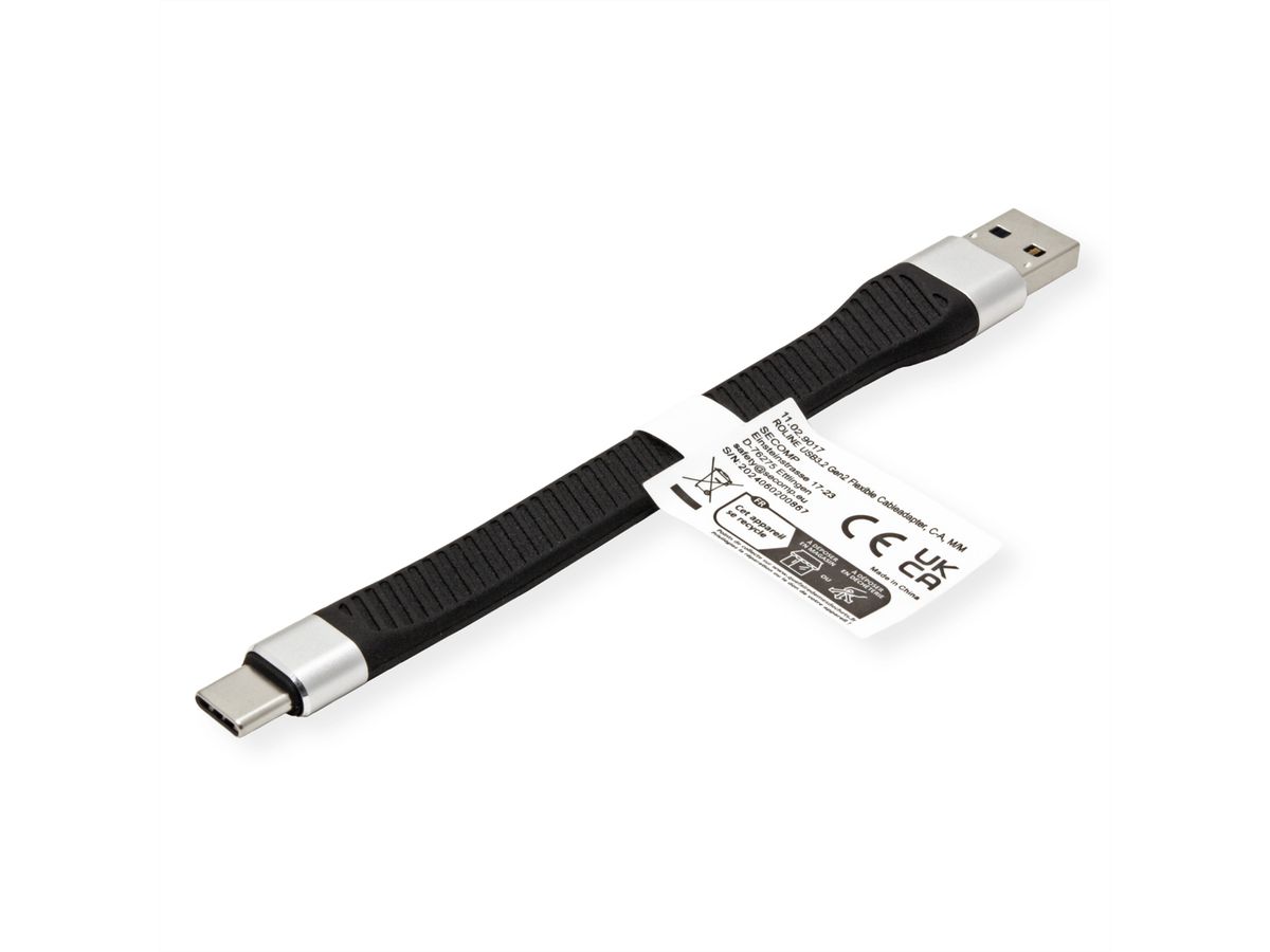 ROLINE USB 3.2 Gen 2 siliconenkabel, Emark, C-A, M/M, 10Gbit/s, zwart, 11 cm