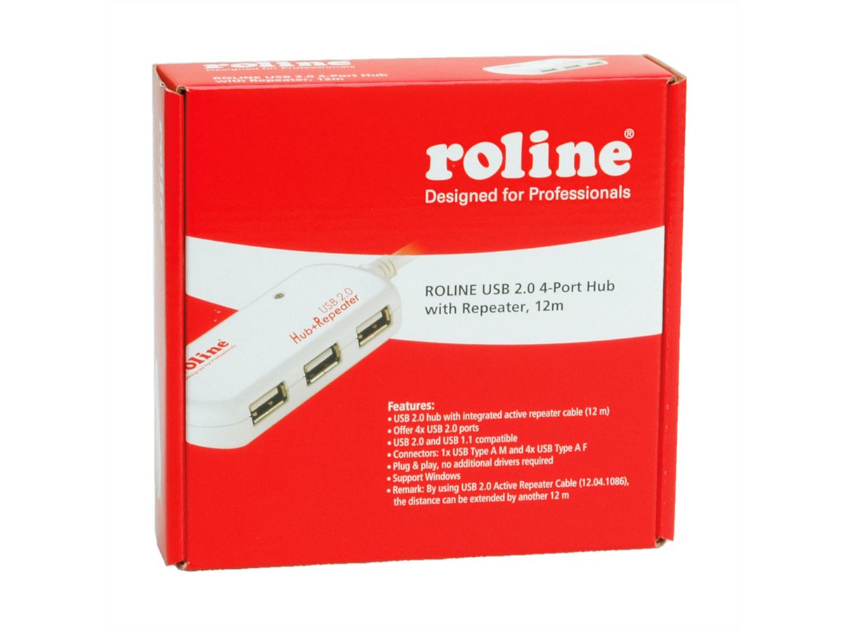 ROLINE USB 2.0 4-Poorts Hub met repeater, 12 m