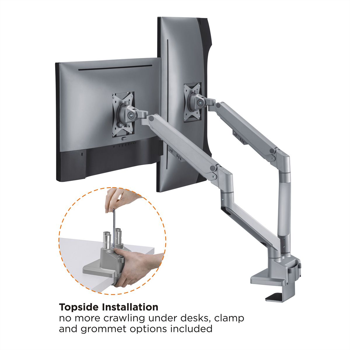 ROLINE Dual LCD Monitor Stand Pneumatic, Desk Clamp, Pivot, 2 Joints, silver