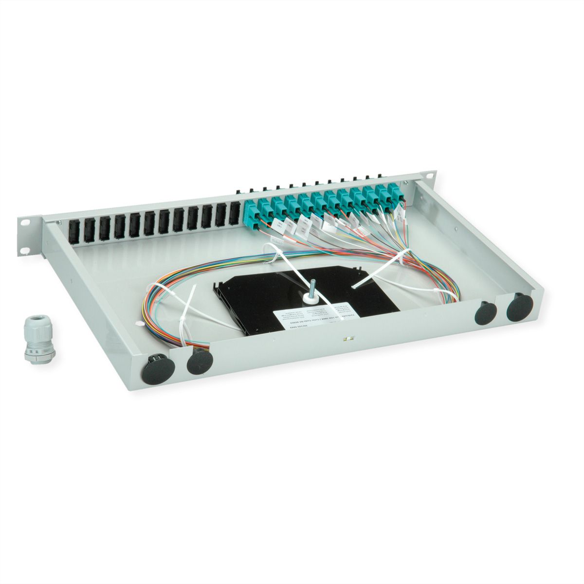 TELEGÄRTNER BASIS eco LWL-Panel mit Kupplungen & Pigtails, 12x SC Duplex, türkis, OM3, Grade C