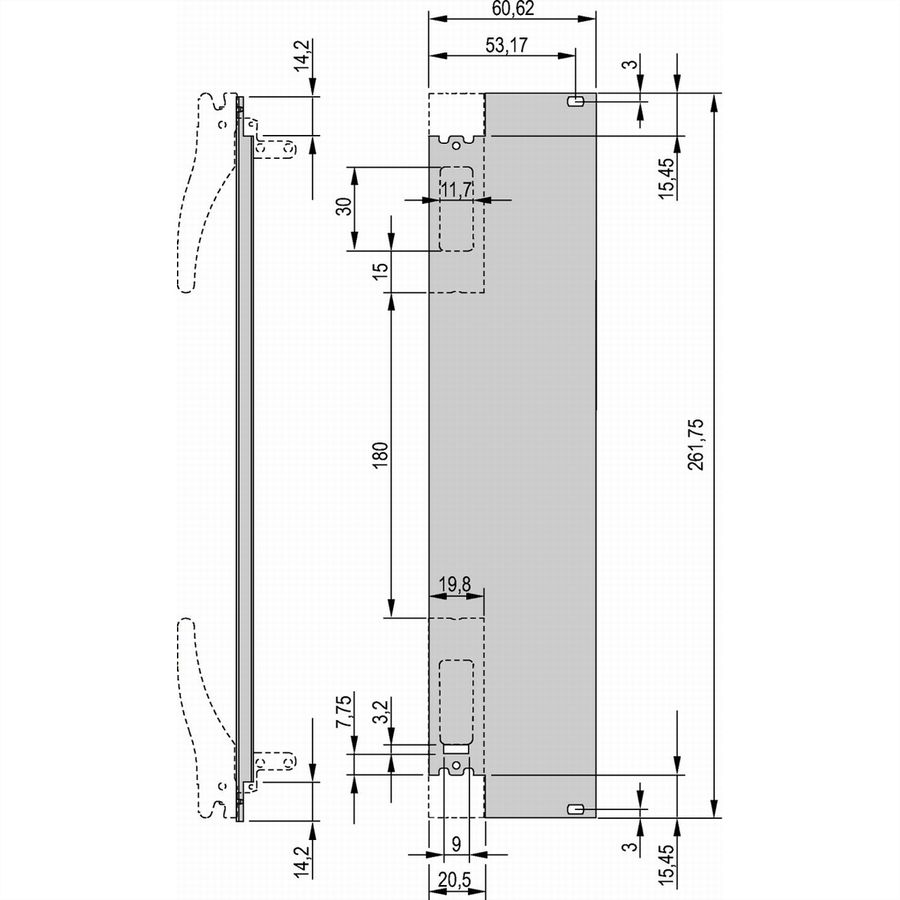 SCHROFF Insteekmodule U-profiel voor XL-greep, microschakelaarcompatibel, 6 HE, 12 HE, 2,5 mm, Al, geanodiseerd vooraan, geleidend achteraan