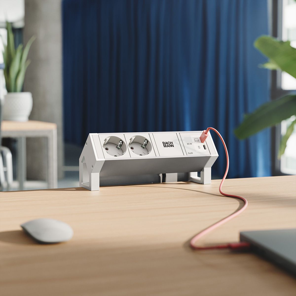 BACHMANN DESK2 ALU WHITE 2xCEE7/3, 1xUSB C/C 65W L=0.2m RAL9010