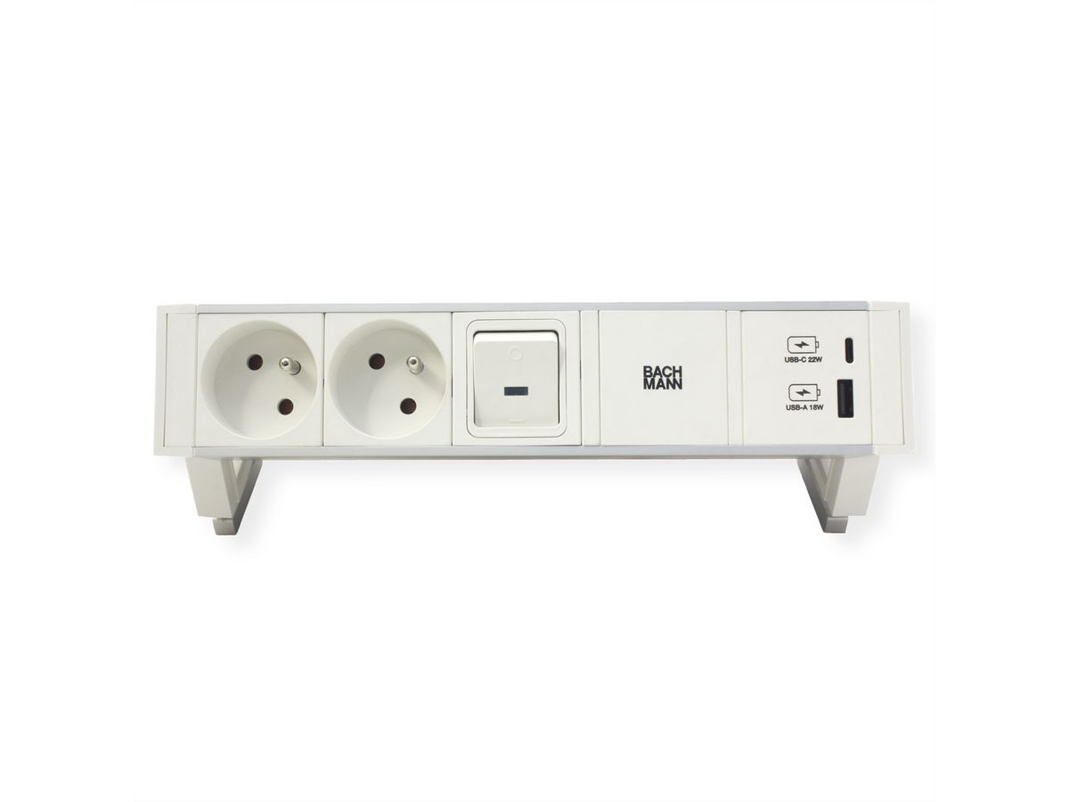 BACHMANN DESK2 ALU WHITE 2xUTE 1xUSB A/C 22W 1xswitch 0.2m