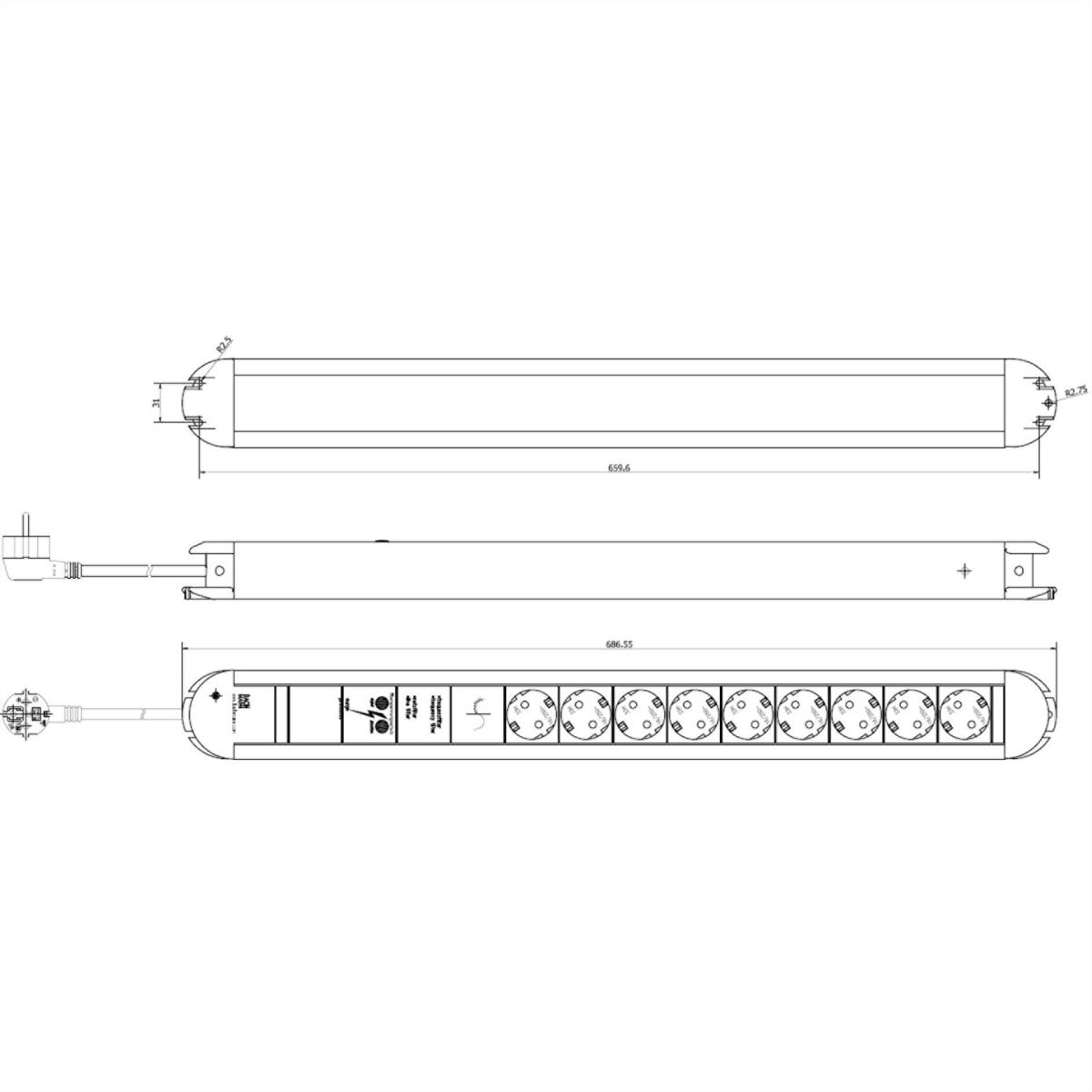 BACHMANN PRIMO socket strip 9x earthing contact aluminium full device protection, 1.75 m