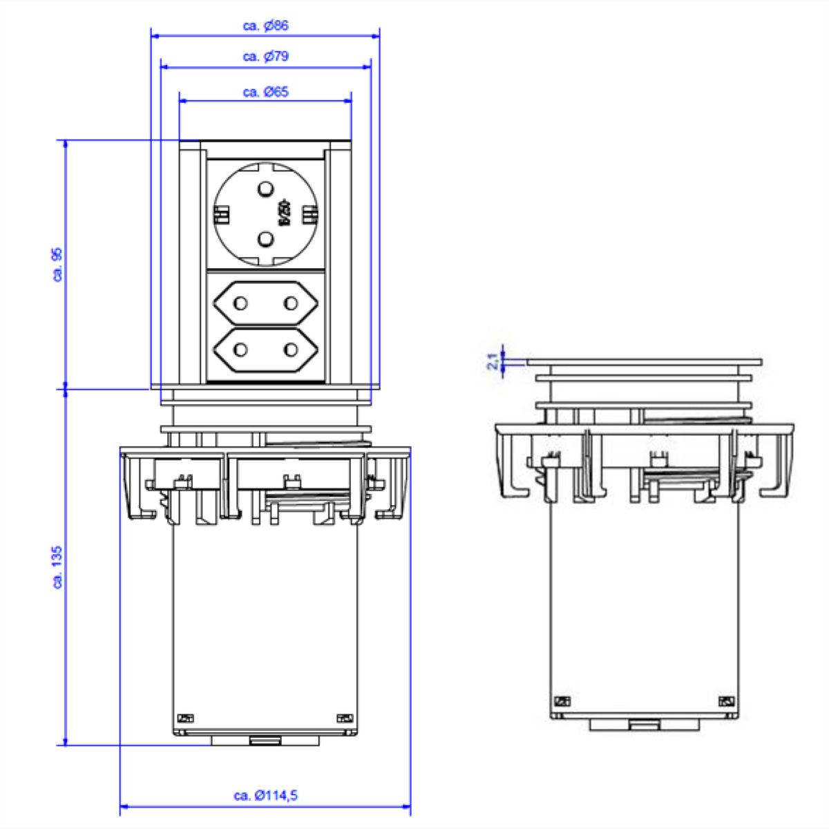 BACHMANN ELEVATOR 1x CEE 7/7 2x Euro, black, 2 m