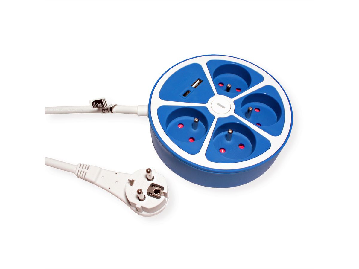 ROLINE Power Strip, 4-way, with switch, round, 1x USB A+ 1x USB C, UTE Version, blue, 1.5 m