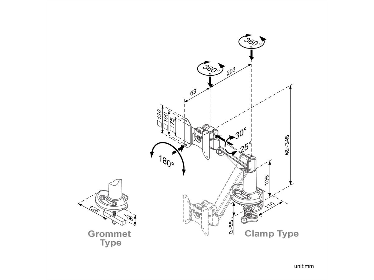 ROLINE LCD arm, tafelbevestiging, gasveer, 4 draaipunten