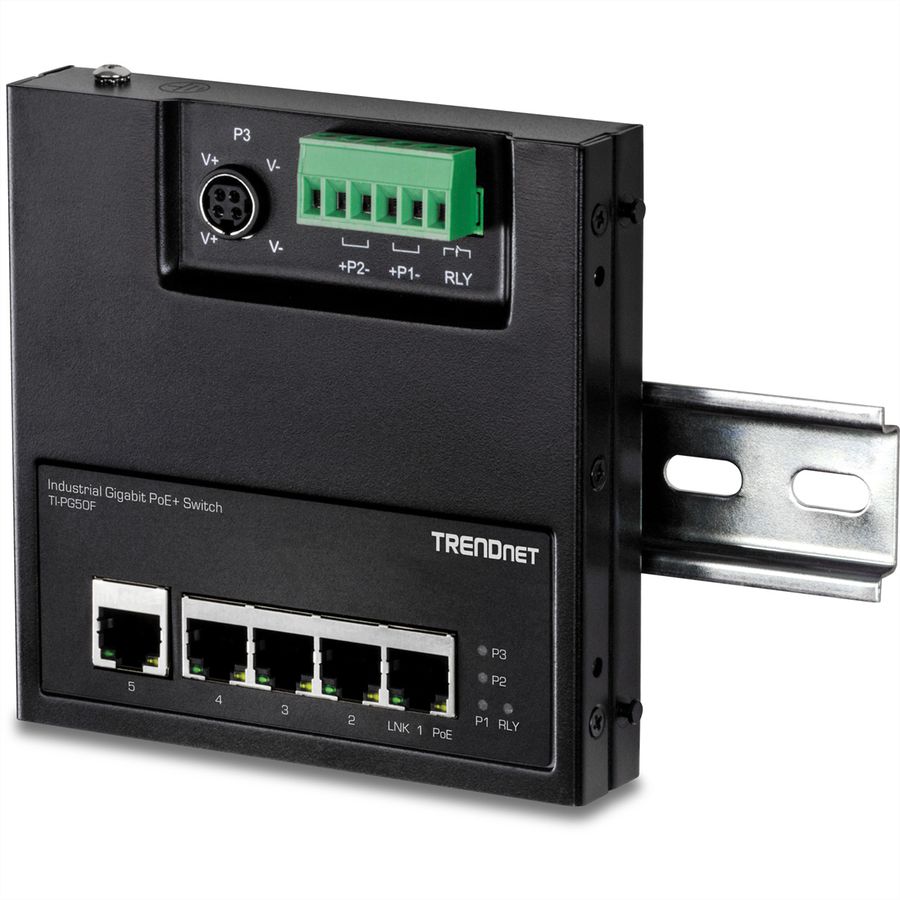 TRENDnet TI-PG50F 5-poorts Industriële PoE+ Gigabit Front Access Switch , wandmontage