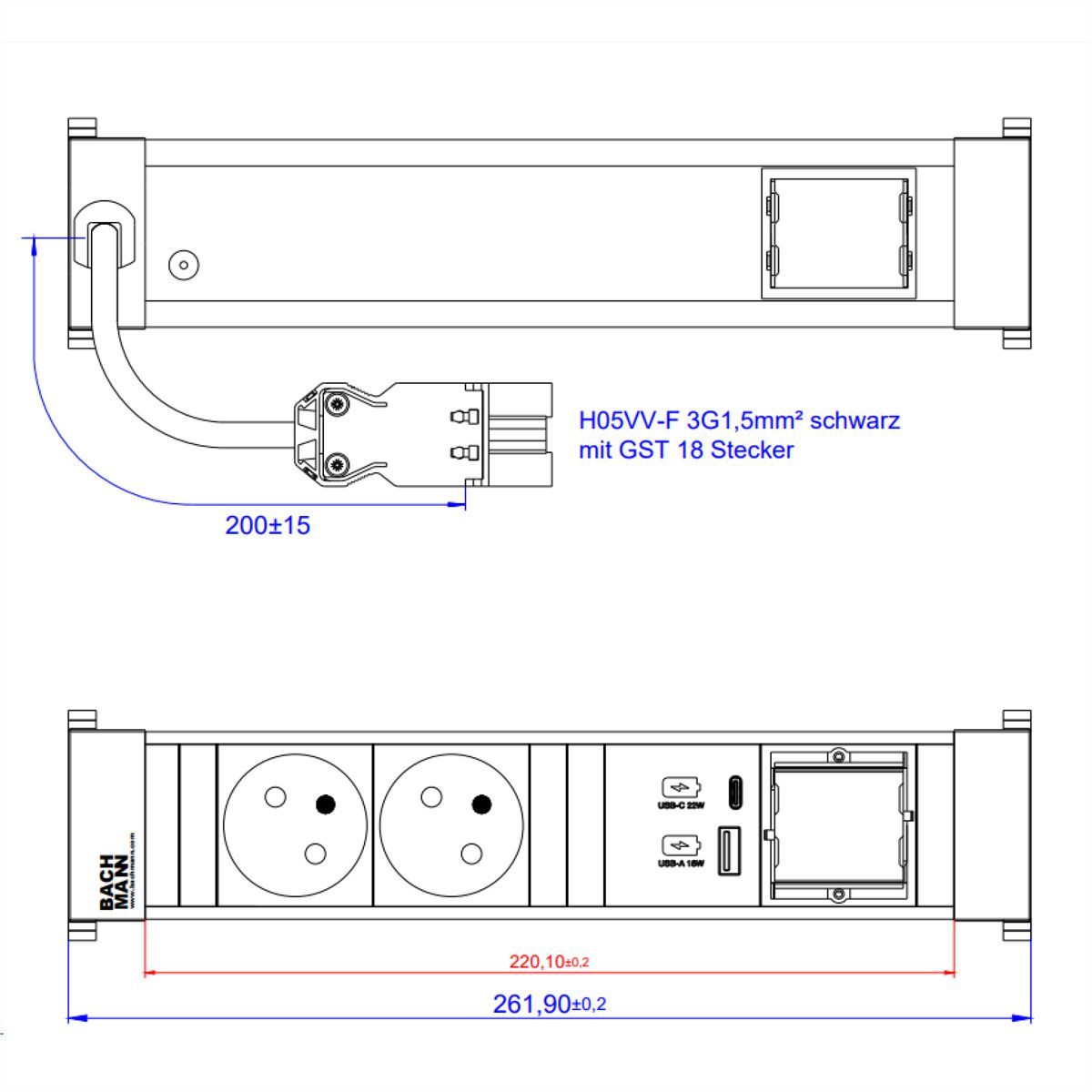 BACHMANN POWER FRAME M 2xUTE 1xCM 1xUSB A/C 22W 0.2m GST18