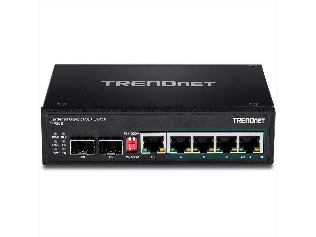 TRENDnet TI-PG62 6-poorts Gigabit Switch PoE+ DIN-Rail Industrieel