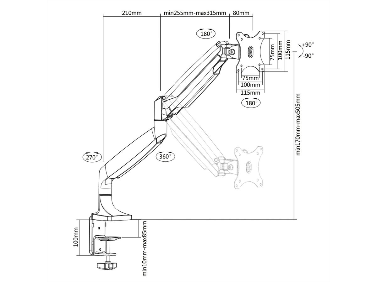 VALUE LCD Monitor Stand Pneumatic, Desk Clamp, 5 Joints, Pivot