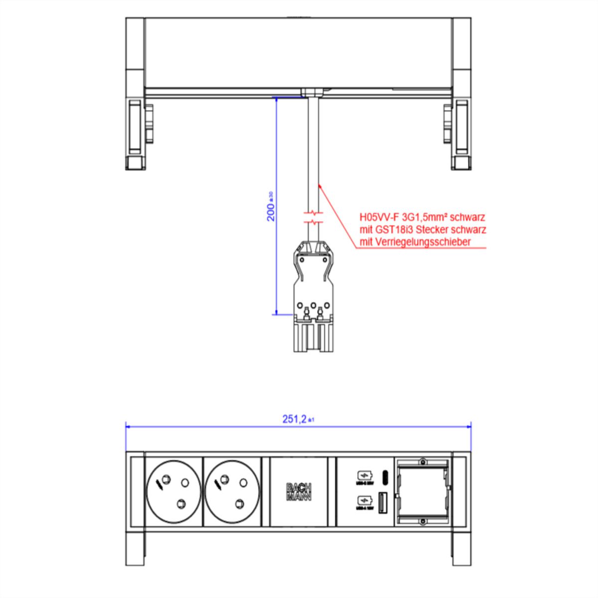 BACHMANN DESK2 ALU ZWART 2xUTE 1xCM 1xUSB A/C 22W 0,2m GST18